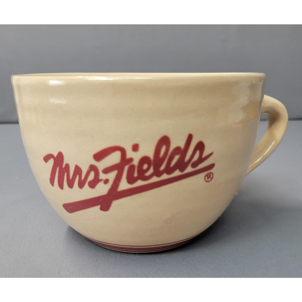 Vintage Mrs. Fields Ceramic Mug Tan Large 24 oz Soup Coffee Cup Cafe Logo Comfor